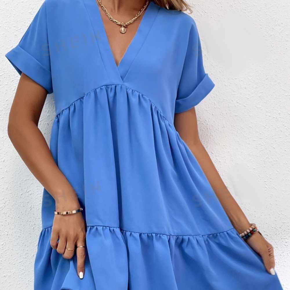 LUNE Roll Cuff Ruffle Hem Solid Dress